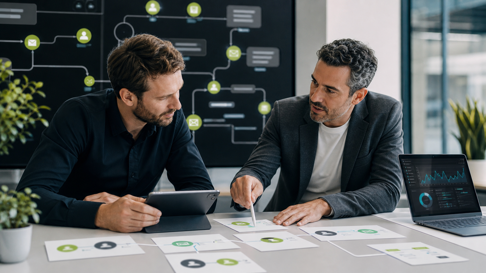 Consultants mapping marketing automation and lead nurturing workflows
