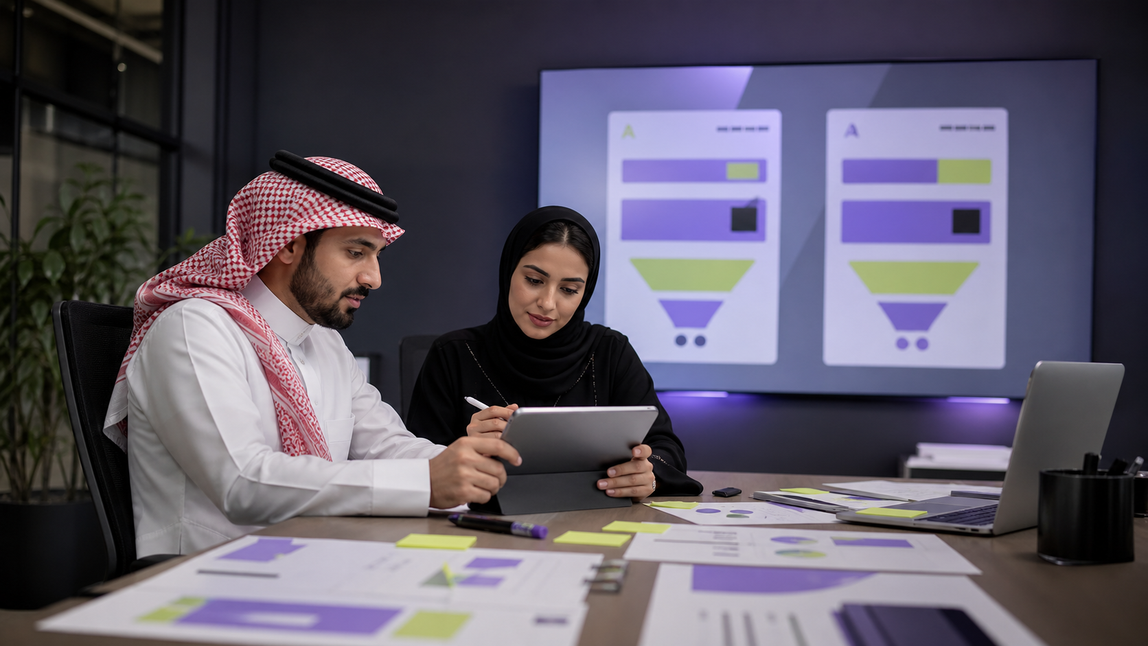 Marketing team comparing landing page experiments and conversion funnels