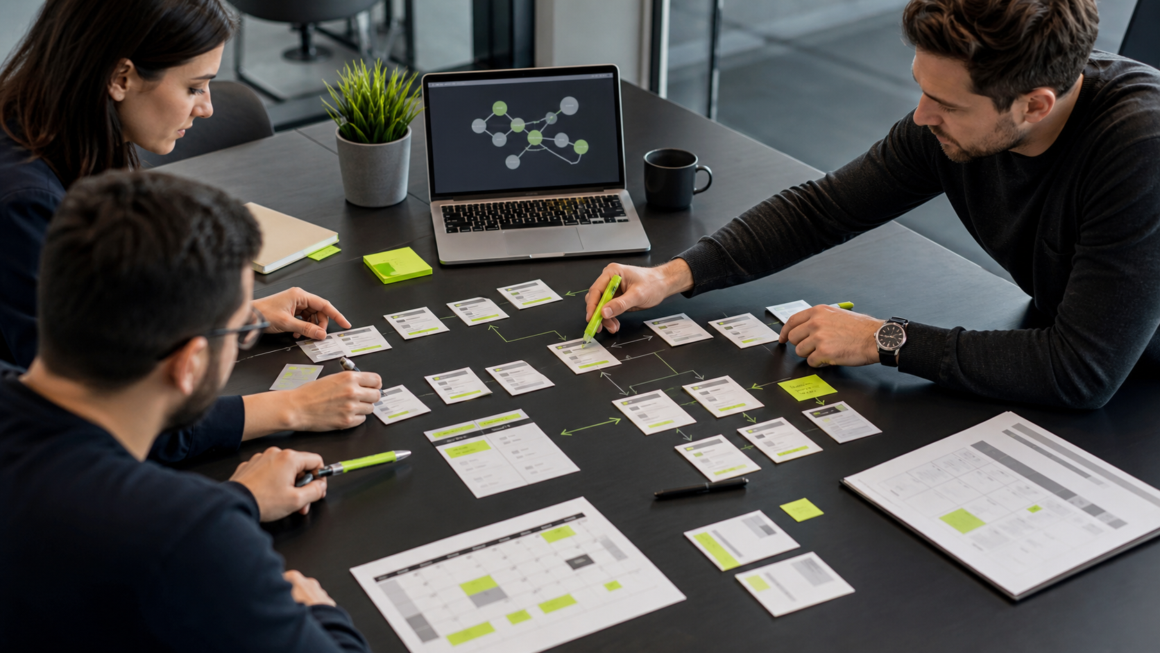 Content strategists arranging internal linking and content calendar cards