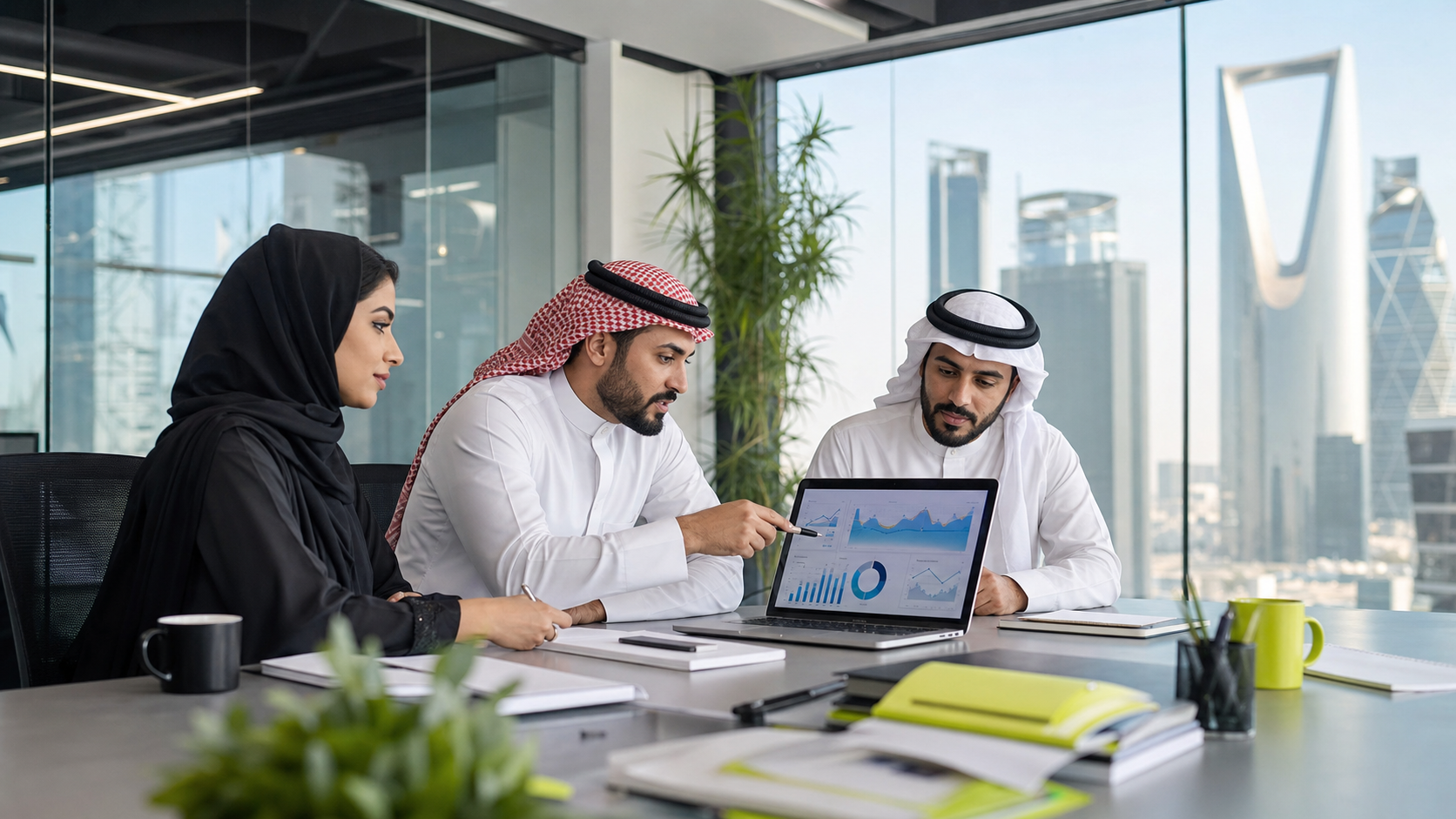 Validator team reviewing SEO visibility dashboards in a Riyadh office