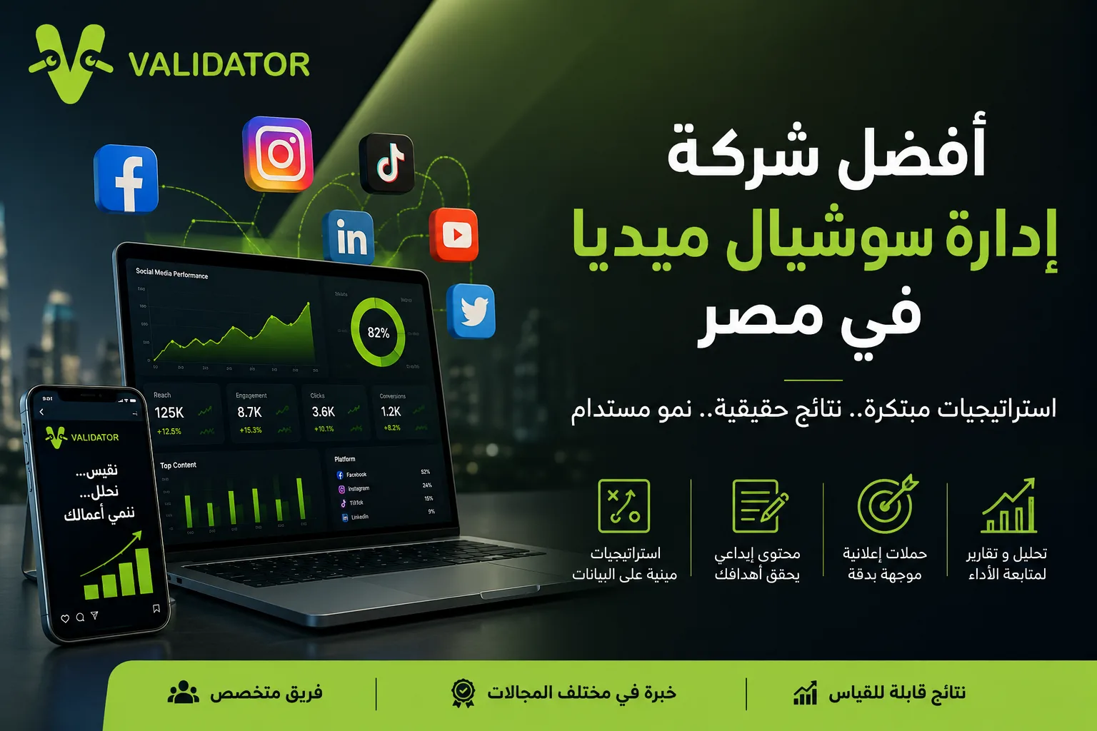 Validator social media agency performance dashboard and marketing strategies guide.