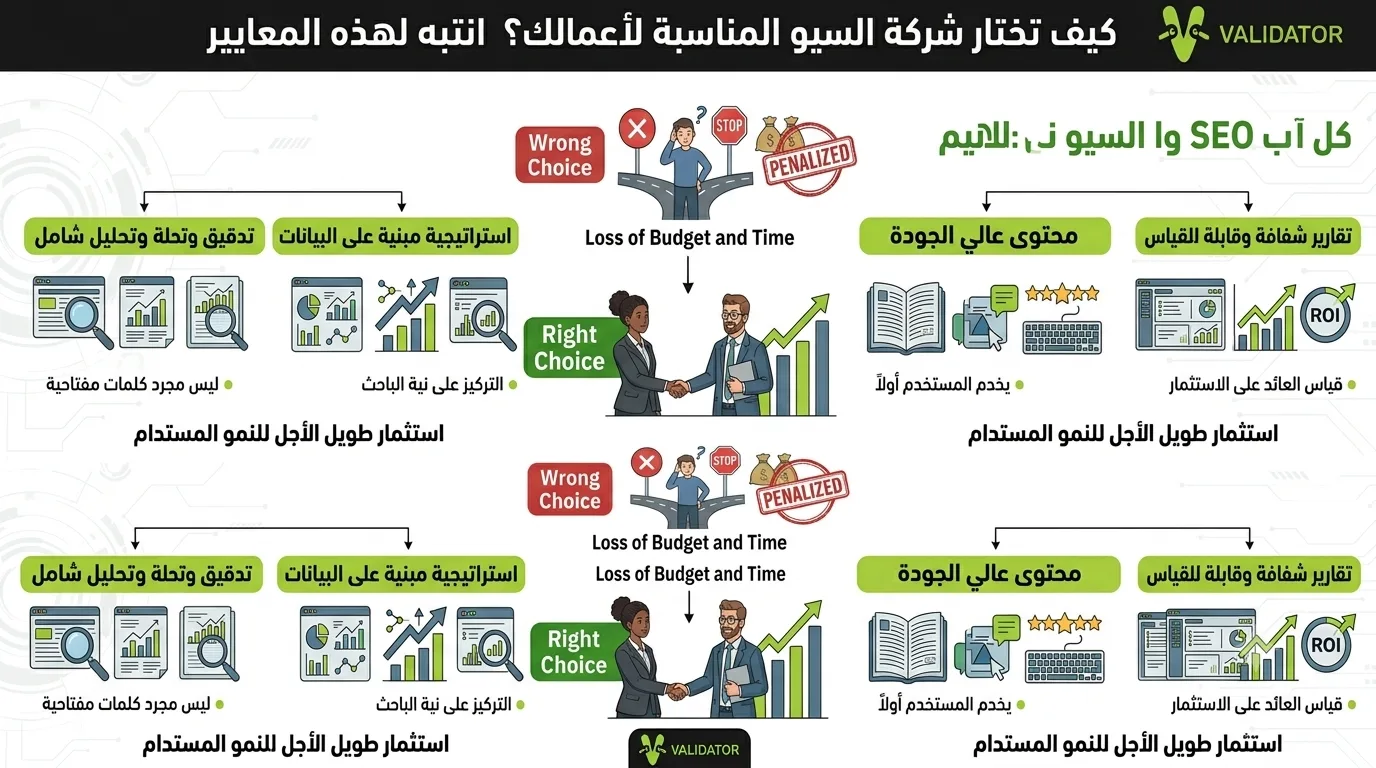 Infographic contrasting right vs. wrong SEO agency choices for sustainable growth.